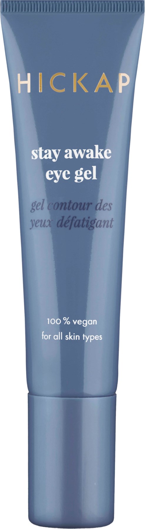 Blue eye gel tube labeled 'HICKAP,' vegan, for all skin types, helps keep eyes awake.