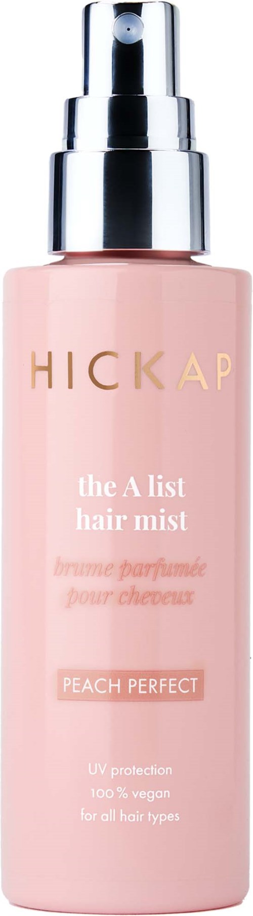 Pink bottle with a silver spray top, labeled 'HICKAP the A list hair mist,' scent 'PEACH PERFECT,' for hair protection.