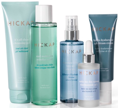Skincare products including gels, cleansers, moisturizers, and serums from the brand HICKAP in various bottles.