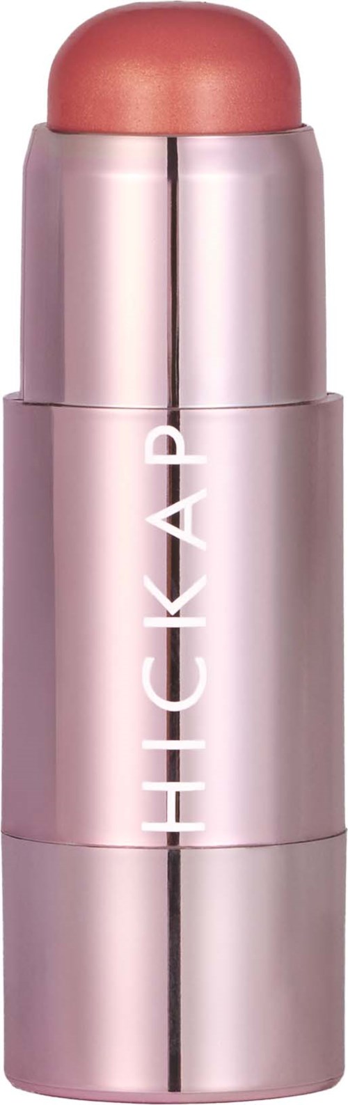 Pink and silver lipstick tube with the word "HICKAP" written vertically. The lipstick is a light peachy color.