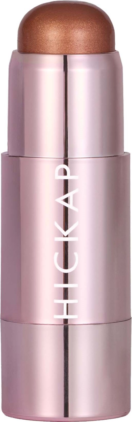 A pink and silver lipstick with the word HICKAP printed on it, showing the rounded, metallic cap.