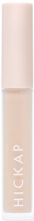 A lip gloss tube with a transparent body and light-colored gloss inside, and a white cap with the word 'HICKAP' on it.