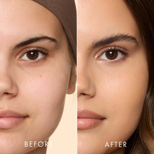 Side-by-side comparison showing skin improvement with makeup or skincare, before and after.