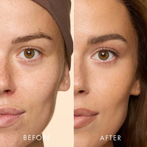 Side-by-side image showing clear skin before and after skincare or makeup application.