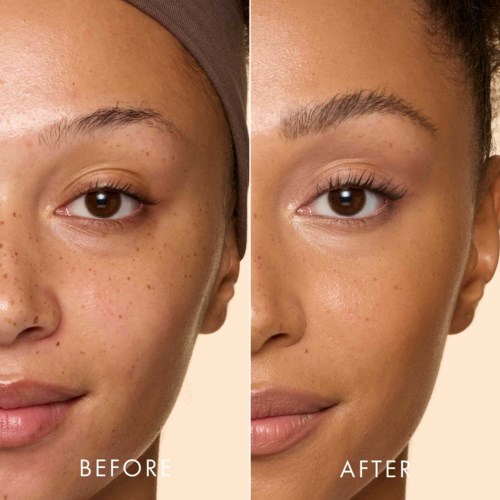 A woman's face showing before and after skin improvements, including clearer skin, smooth texture, and enhanced eyebrows.