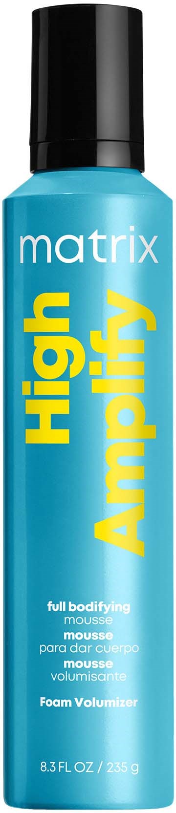 Eine blaue Dose Haarschaum mit schwarzem Deckel, bezeichnet 'High Amplify' von Matrix für Volumen.