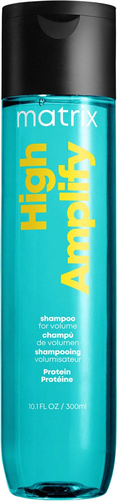 Eine blaue Shampoo-Flasche mit schwarzem Verschluss, beschriftet 'High Amplify' und 'für Volumen'.