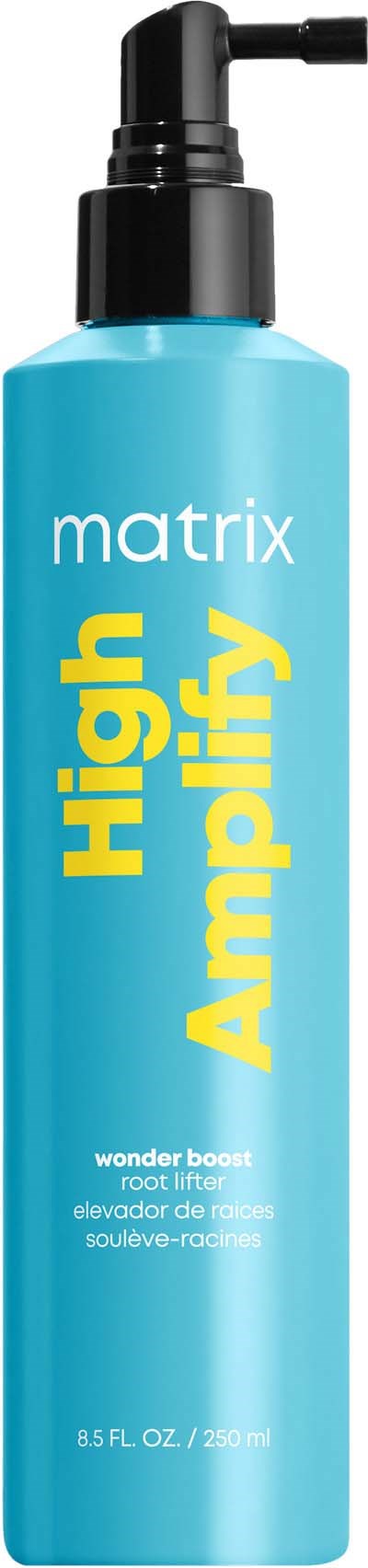 Blaue Flasche mit "High Amplify" für Haare, mit schwarzem Sprühkopf, stärkt die Haarwurzeln.