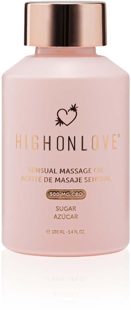Eine rosa Flasche mit dem Namen 'HIGHDONLOVE' und einem Herz- und Pflanzenlogo, enthält Massageöl mit CBD. Es sind 100 ml.
