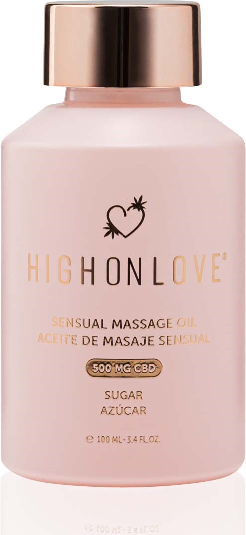 Eine rosafarbene Flasche mit goldener Kappe, beschriftet mit 'HIGHLONLOVE,' enthält Massageöl mit CBD und Zucker.