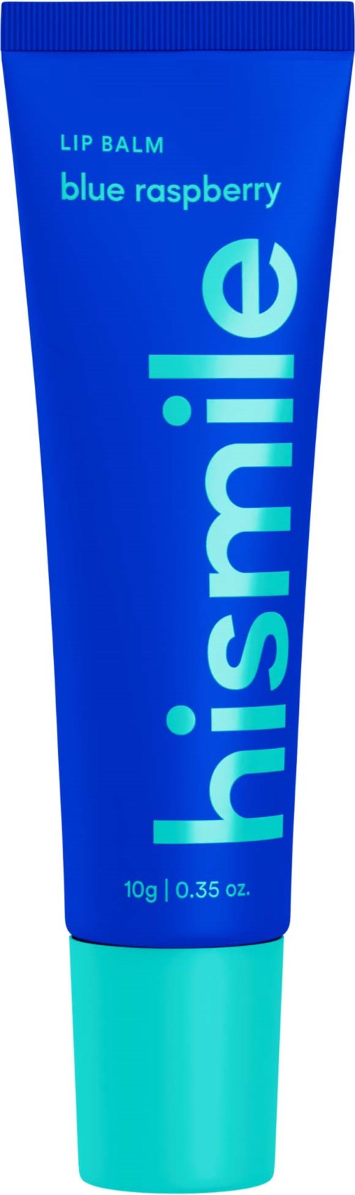 Blauwe tube met 'hiSmile'-logo, gelabeld als 'blue raspberry' lippenbalsem, 10g gewicht, heldere ontwerp.