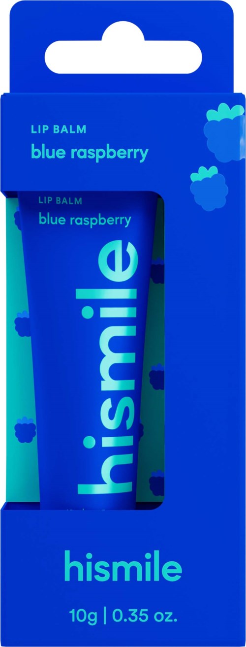 Blauwe framboos lippenbalsem in blauwe verpakking, gemerkt 'hismile'.