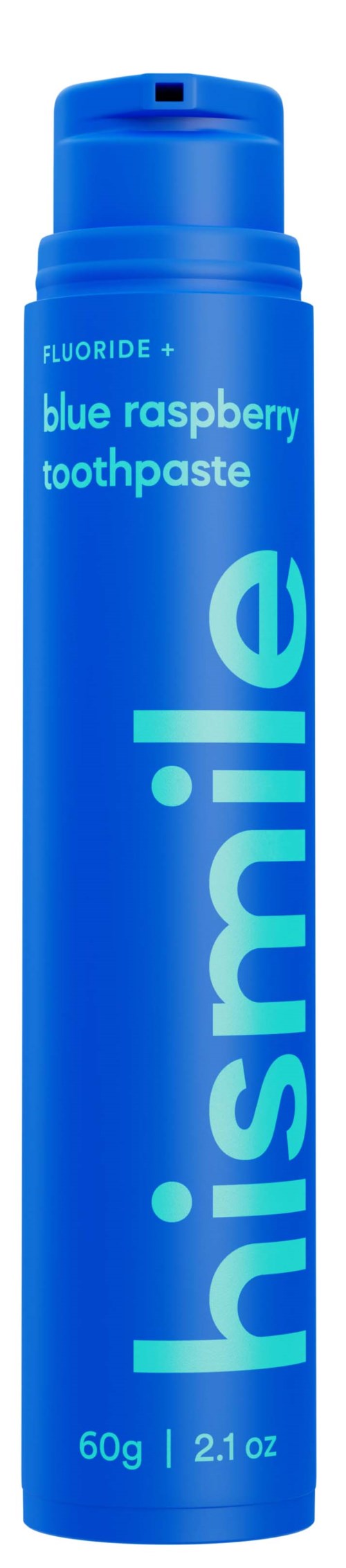 A blue tube of toothpaste labeled 'hisimile' with raspberry flavor. It is 60g and designed for dental hygiene.