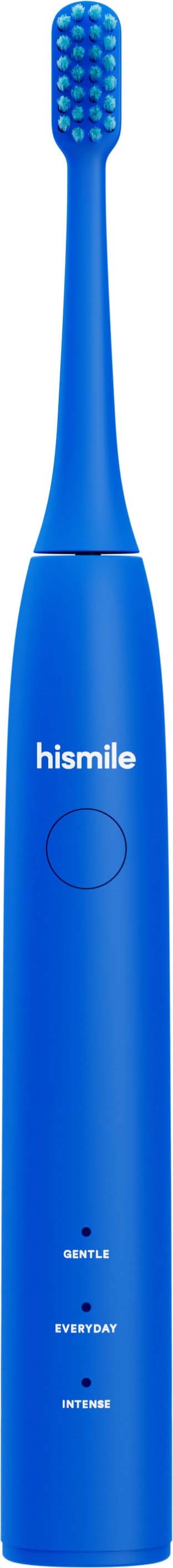 A blue electric toothbrush with a round brush head and a single power button, branded 'hismile'.