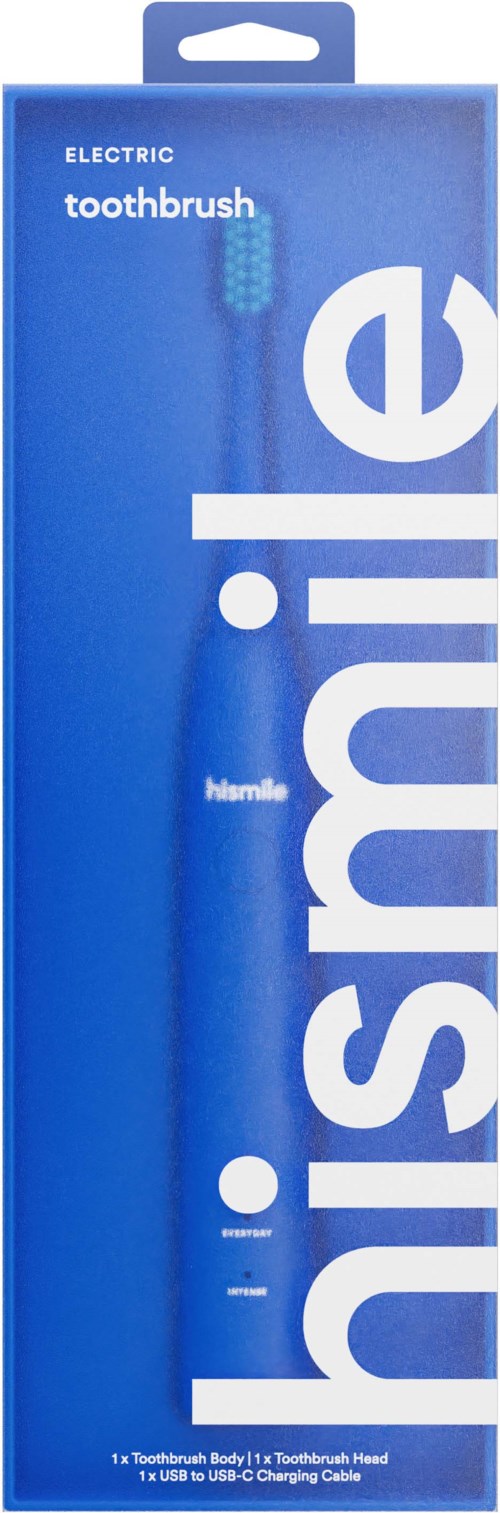 Blue box contains an electric toothbrush with a long handle and small brush head.