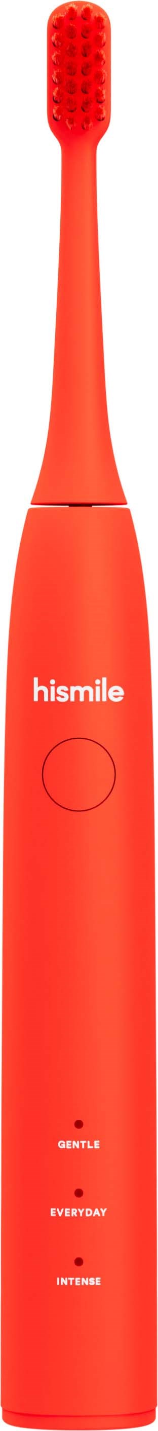 Rote elektrische Zahnbürste mit rundem Bürstenkopf und Knopf, gekennzeichnet 'hismile'.
