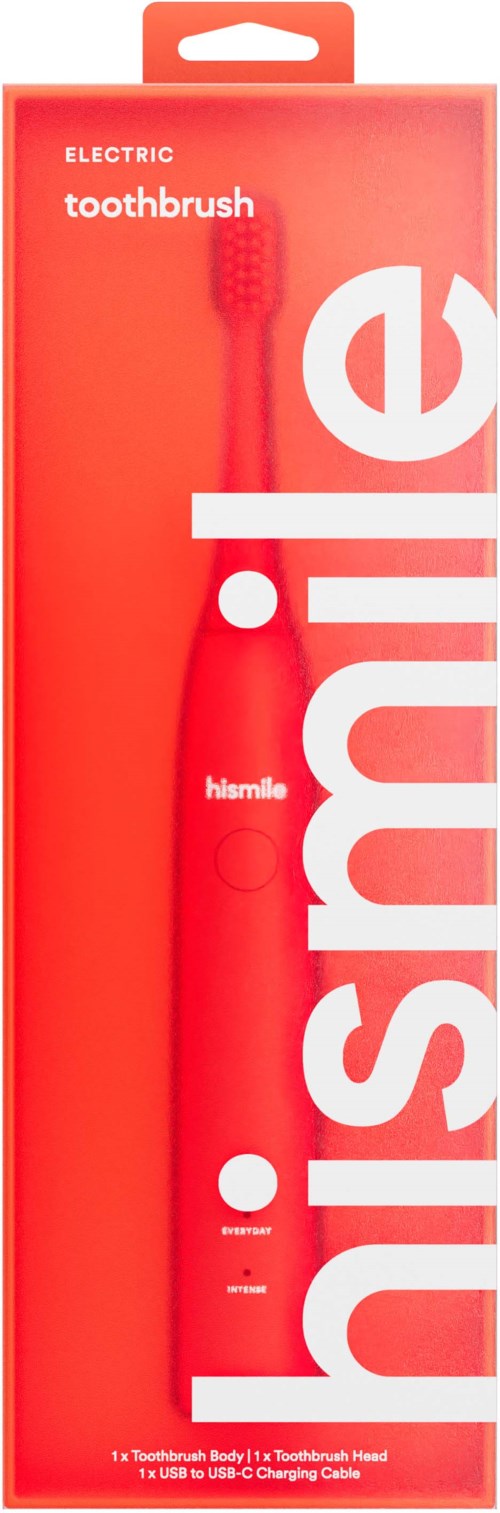Eine rote elektrische Zahnbürste in transparenter Verpackung mit großem weißen Markennamen. Text lautet 'Electric toothbrush' und 'Hismile'.