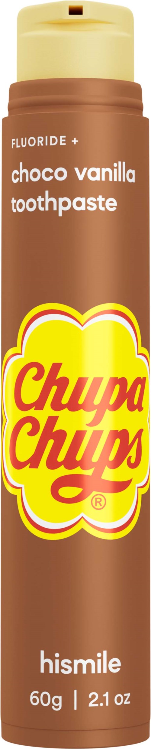 Eine Chupa Chups Zahnpastatube, Vanillegeschmack, 60g, mit gelber und brauner Verpackung.