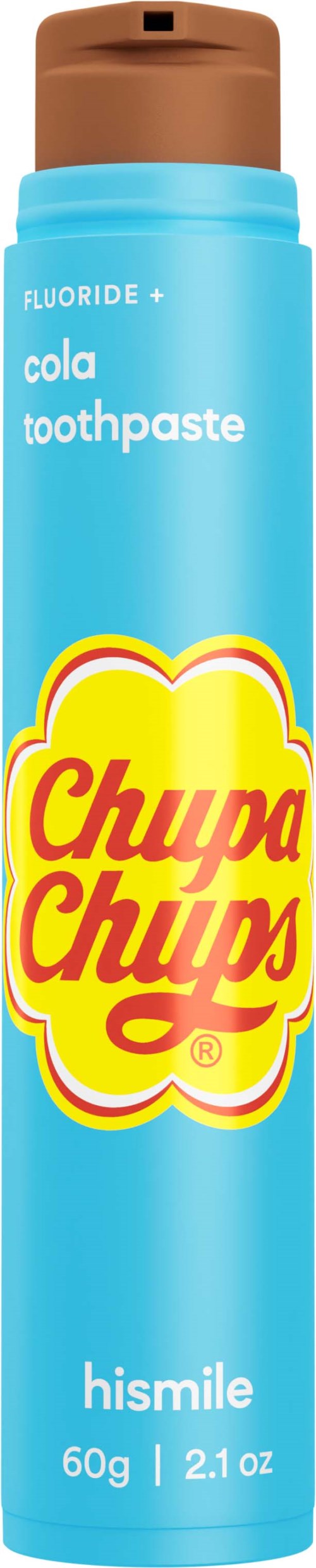 A cylindrical blue container labeled Chupa Chups toothpaste with a brown flip lid.