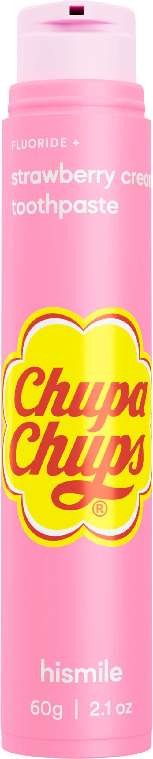 A pink tube of Chupa Chups strawberry cream toothpaste with the brand logo and product details.