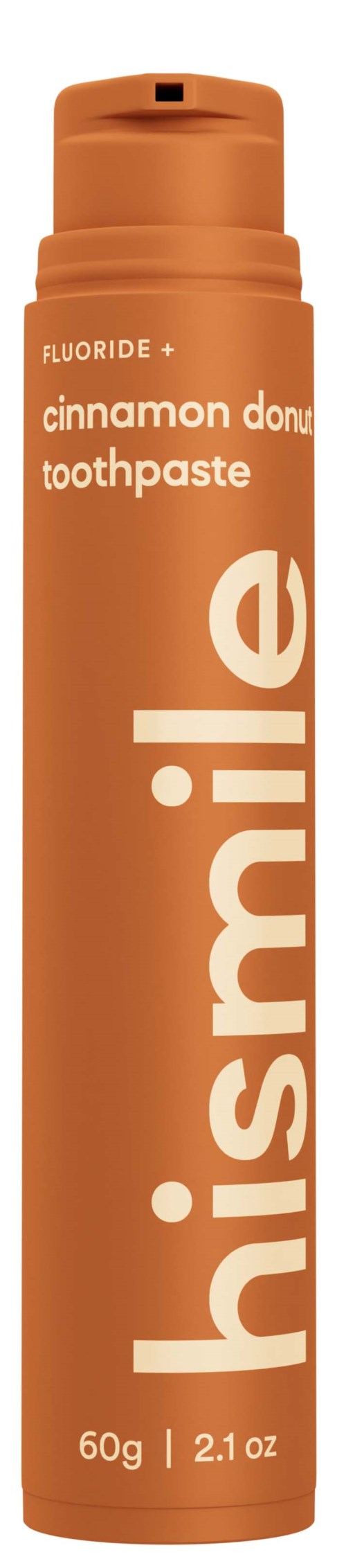 A brown tube of toothpaste labeled 'hismile' with cinnamon donut flavor, containing fluoride, 60g, 2.1 oz.