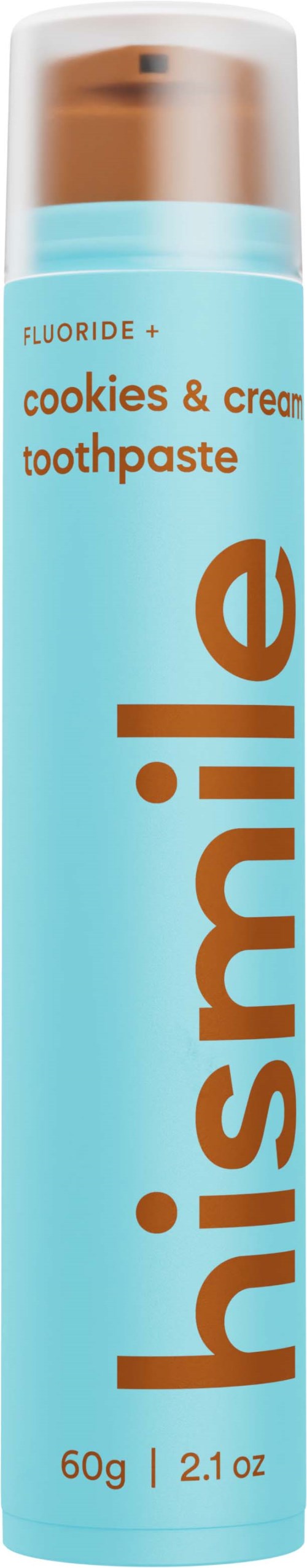 Een blauwe tube tandpasta met label 'hishmile,' smaken 'cookies & cream,' en gewicht '60g.'