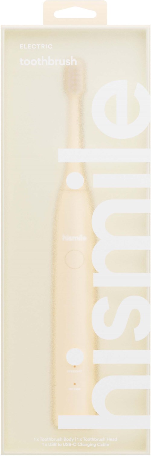 A beige electric toothbrush in clear packaging with white text and logo, indicating it is from the brand 'insmile'.