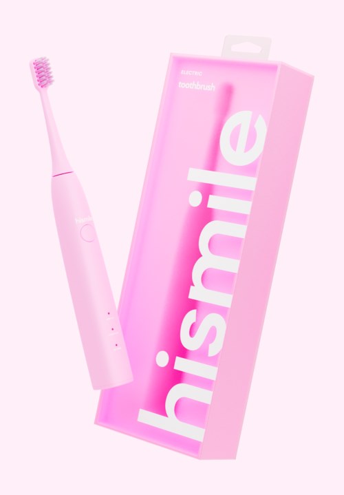 Eine rosa Zahnbürste mit einer Box mit der Aufschrift 'hismile'. Die Zahnbürste hat einen schlanken Griff und kleine Bürste.