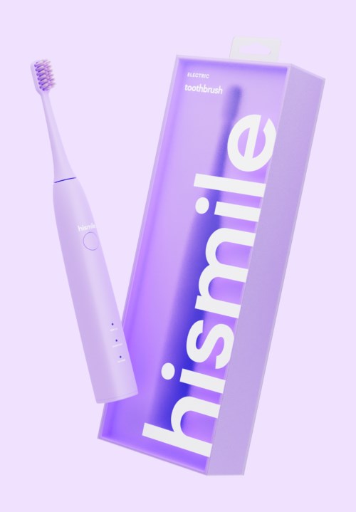 A purple electric toothbrush with its box, featuring the brand name 'hismile' in bold letters.