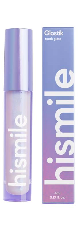 Eine Tube mit Zahngel, beschriftet 'hismile', neben einer lila Schachtel. Die Schachtel sagt 'Glostik tooth gloss'.