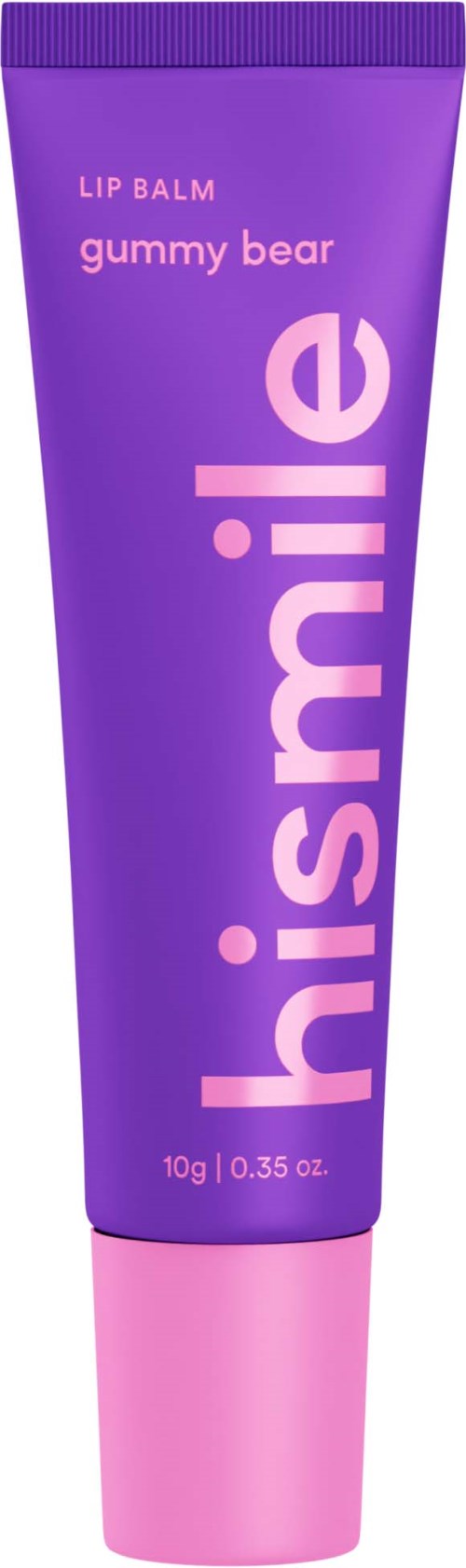 Een paarse tube bevat lippenbalsem genaamd 'Gummy Bear' met roze dop en grote witte 'hismile' tekst.