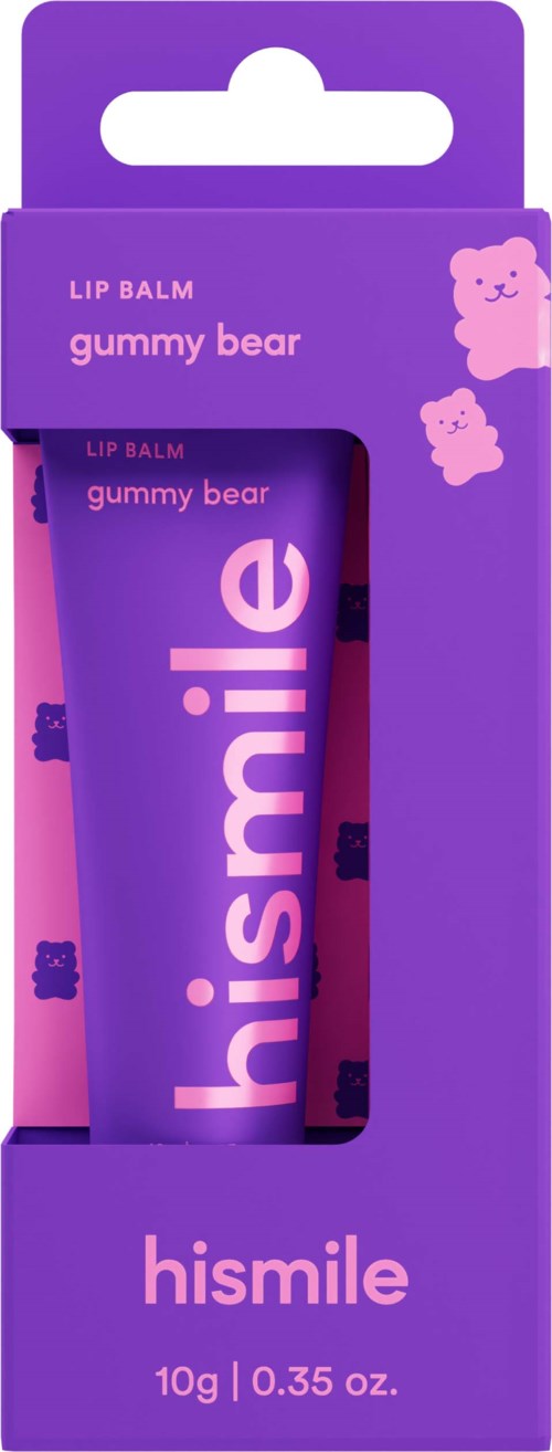 Paars verpakt met een roze beer illustratie, gemerkt 'hismile' lippenbalsem, smaak 'gummy bear.'