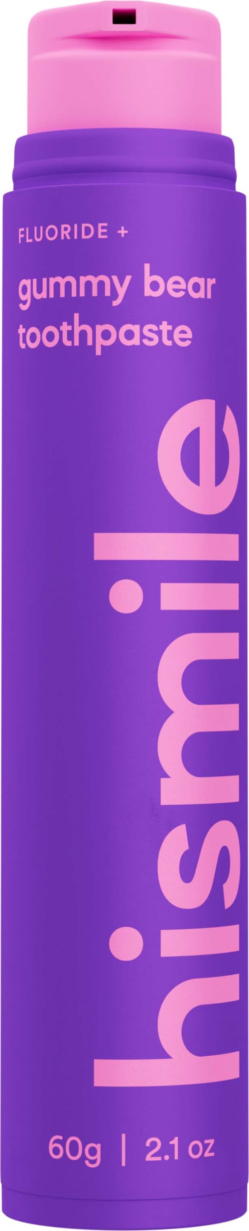 A purple and pink tube labeled 'Smile' contains gummy bear flavored toothpaste, 60g weight, 21 ounces.
