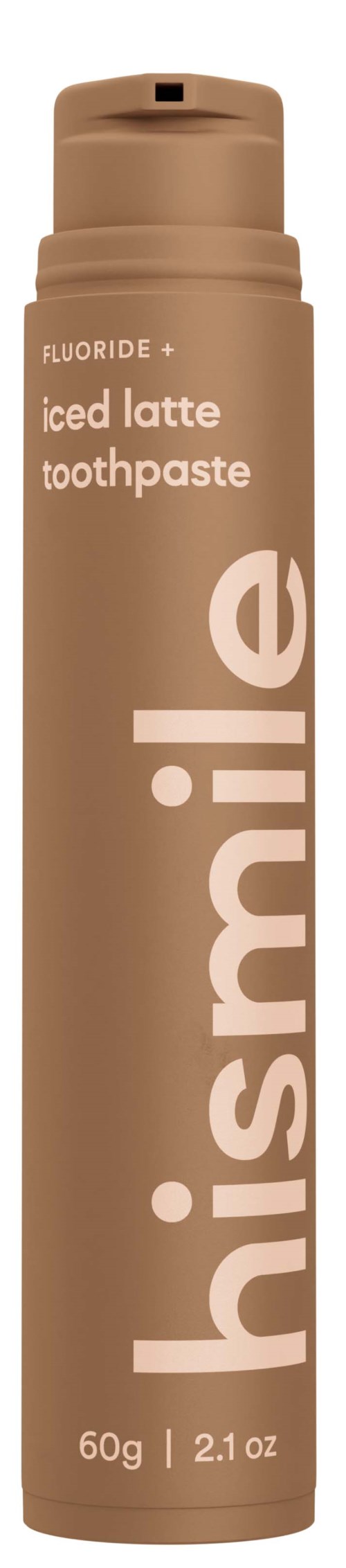 A brown cylindrical container of toothpaste labeled 'hi smile' and 'iced latte toothpaste,' with a flip cap.