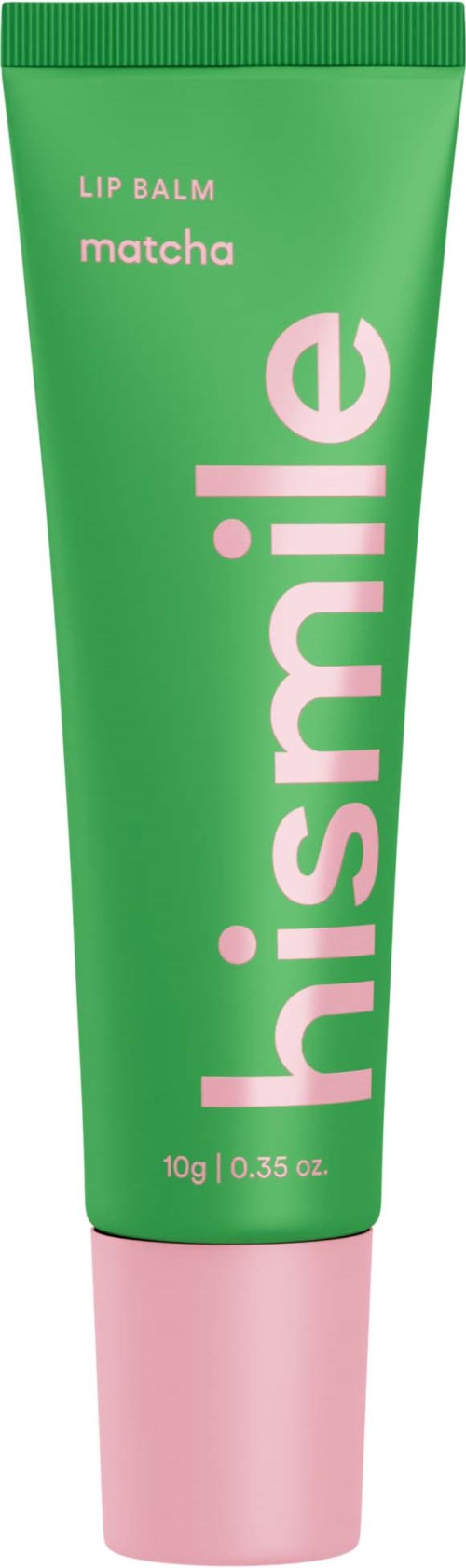 Green tube of lip balm labeled 'hi smile matcha' with a pink cap.