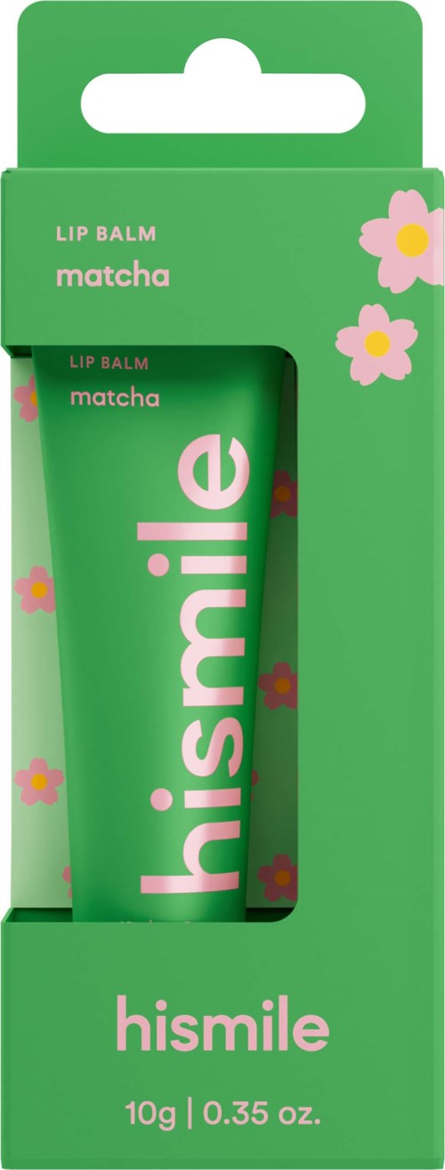 A green lip balm tube labeled 'hismile' with pink and red flowers on the packaging.