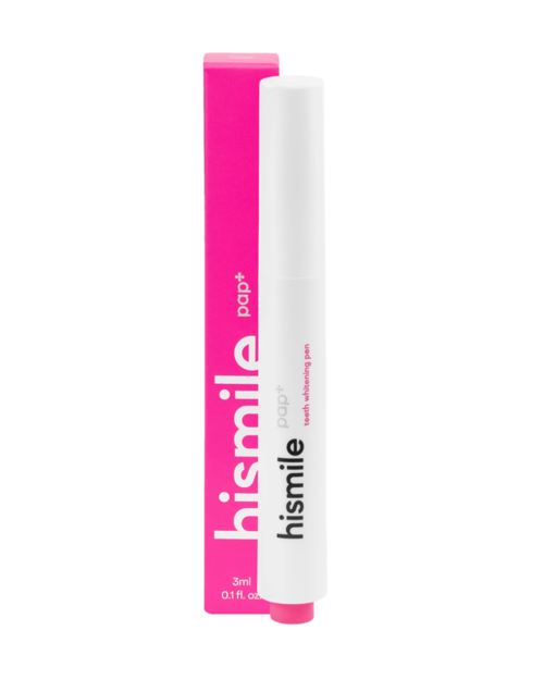 A white pen with pink packaging labeled 'hismile' and 'popp'.