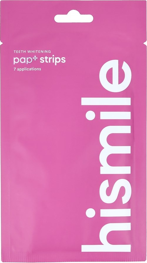 Helle pinke Verpackung mit weißem Text, zeigt ein Zahnaufhellungsprodukt namens 'hismile' und 'pap+ strips'.
