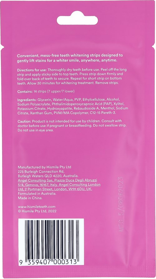 Pinkfarbige Verpackungstüte für Gesichtsaufhellungsstreifen mit Anweisungen und Inhaltsstoffen auf der Rückseite.