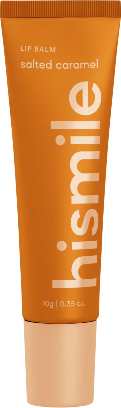 Oranje tube gemarkeerd 'hismile' voor salted caramel smaak lippenbalsem met 10g.