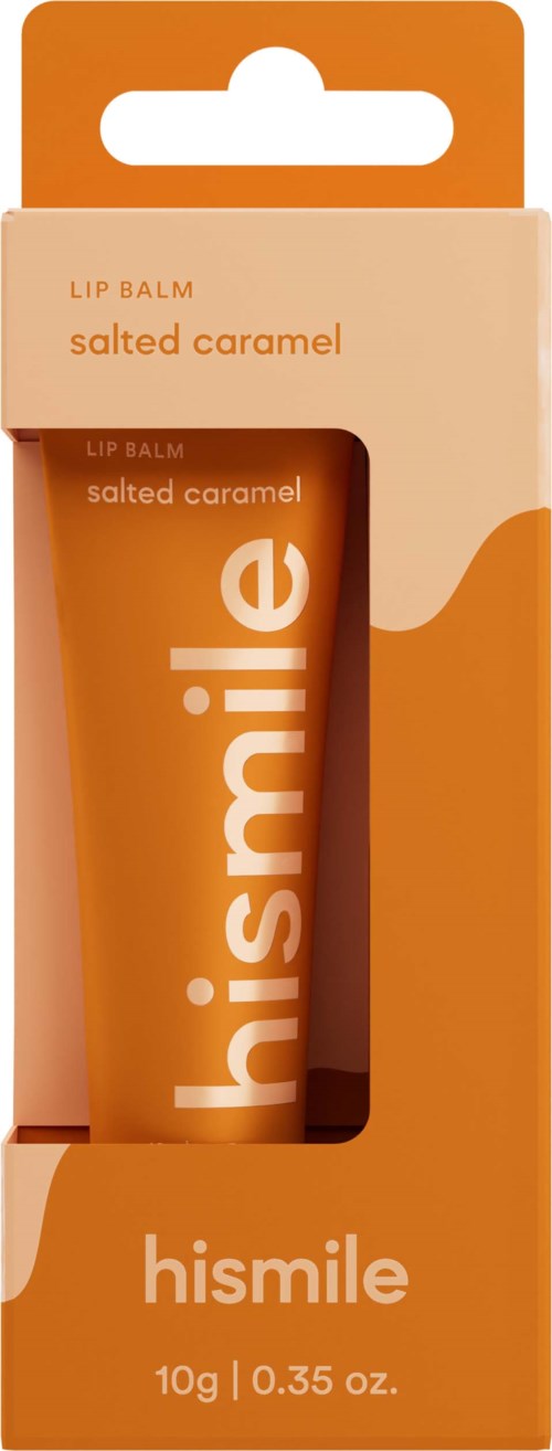 Zoutkaramel smaak lippenbalsem in oranje en beige verpakking, merk 'hismile'.
