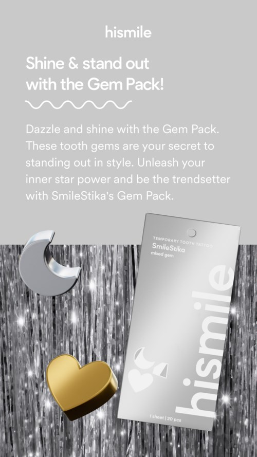 This is an advertisement for a Gem Pack dental product with a silver background, a silver crescent shape, and a gold heart.