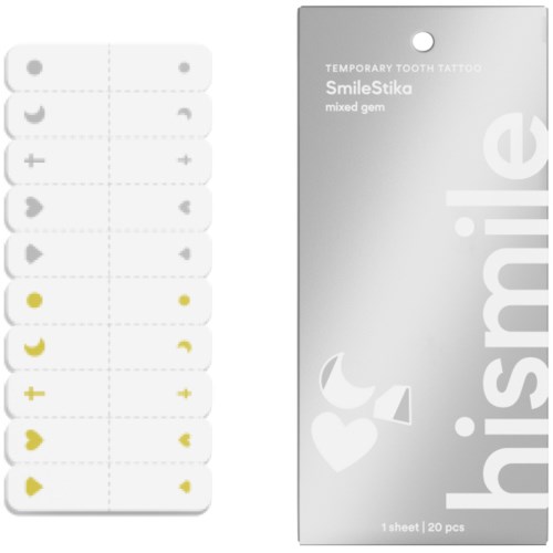 Series of small, cute temporary tooth tattoos in various designs like hearts, moons, and plus signs, in gold and silver colors.