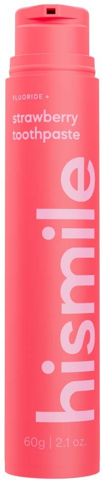 A pink bottle of strawberry-flavored toothpaste with the brand name 'hismile' written vertically. Small text mentions fluoride and weight.