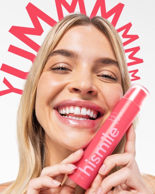 A smiling woman holds a pink bottle with the word 'hissmile' in front of her. A red zigzag design highlights her head.