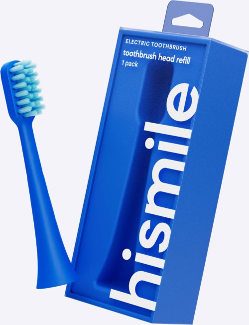 A blue electric toothbrush head refill next to its packaging box.