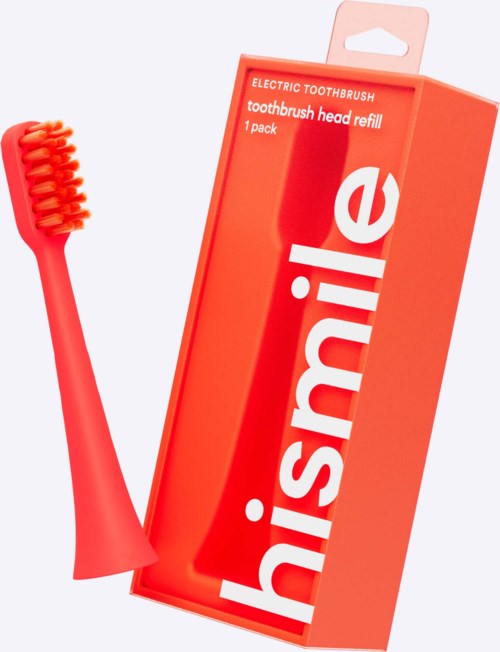 Eine rote elektrische Zahnbürste mit Nachfüllpackung und Verpackung. Der Markenname 'hismile' ist auf der Schachtel.