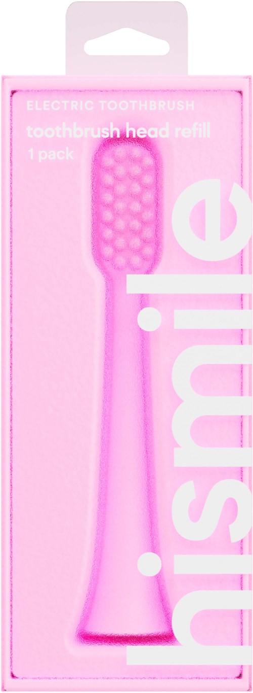 Pink toothbrush head refill package with large white text, showing a toothbrush shape and the product details.