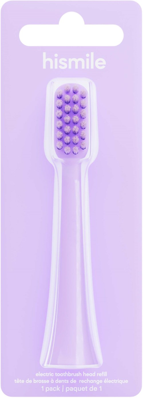 A lavender-colored toothbrush with soft bristles in a clear plastic package. Branding reads 'hismile'.