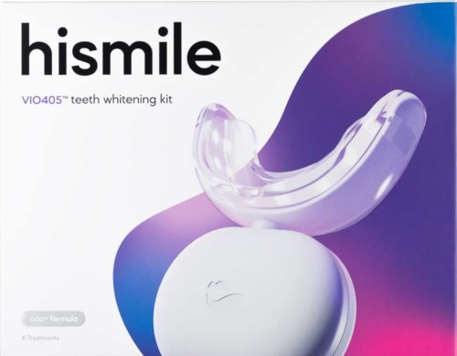 A teeth whitening kit called hismile, with a clear mouth tray and a round container, on a modern colorful background.